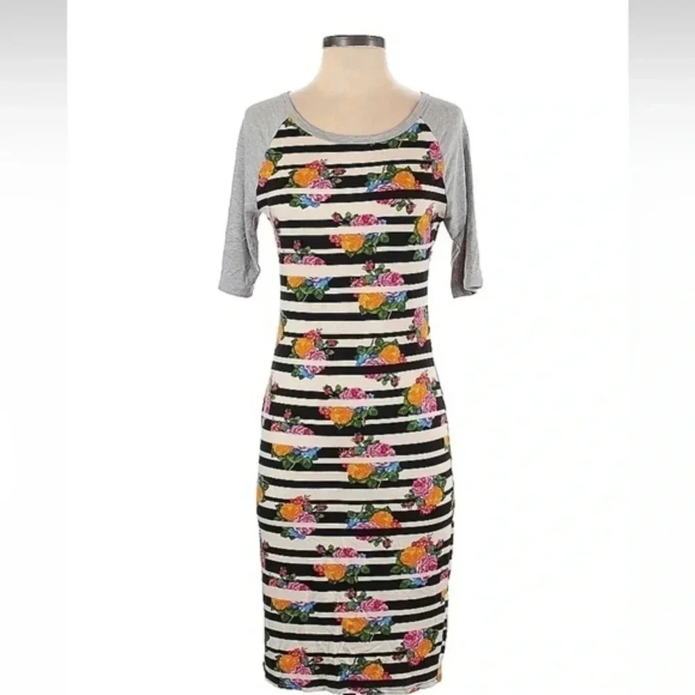 LuLaRoe Julia Fitted Bodycon Sheath Midi Dress Floral Stripes Size XS